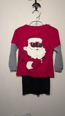 Boys Size 3T Outfit - Carter's Red Santa T-shirt + Black Fleece Pants